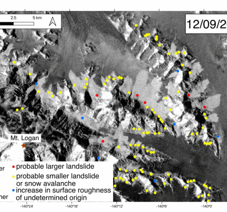 GIF of radar backscatter satellite imagery showing the change in surface roughness before and after the earthquake 