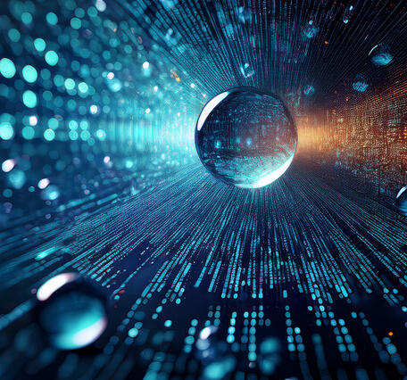 Image of large and small water droplets against data backdrop