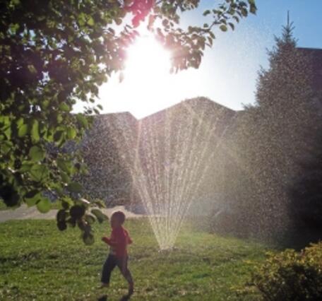 Boy playing in lawn sprinker.