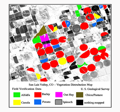 AVIRIS spectrometer images of the San Luis Valley, Colorado showing vegetation species and senescence/stress