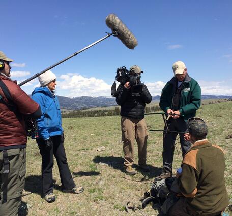 USGS scientists Frank van Manen being interviewed by NBC Nightly News in Yellowstone.