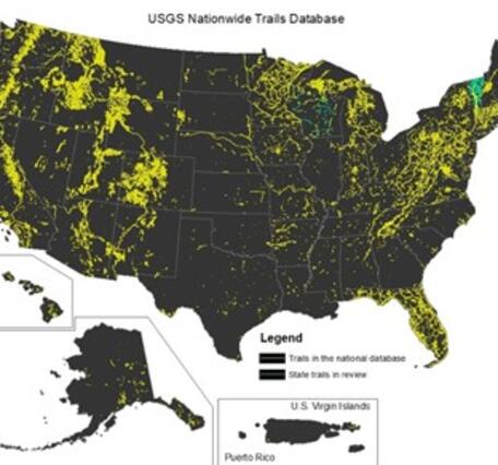 A national map displays distribution of USGS trails data received from state sources. (full description below)