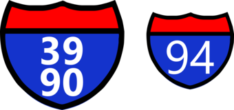 Alternate versions of the red and blue Interstate shield with white identifying number label.