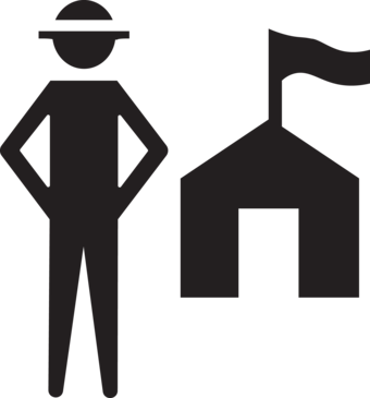 Dark gray symbol depicting a park ranger standing in front of a building.