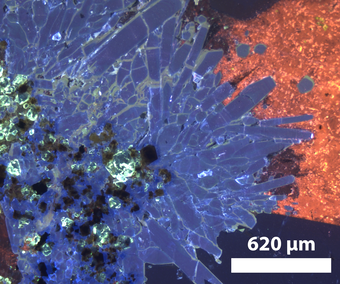 Optical, cold-cathodoluminescent image of apatite, calcite, zircon, and pyrochlore-group minerals.