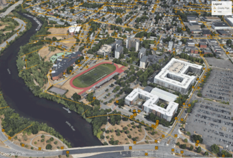 Three-dimensional view of imagery, stormwater catch basin locations and pipes near the Mystic River in Medford, Massachusetts