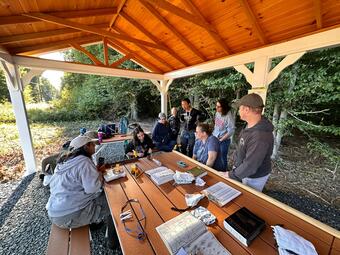 a group of volunteers and scientists watches a bander place a band on bird 
