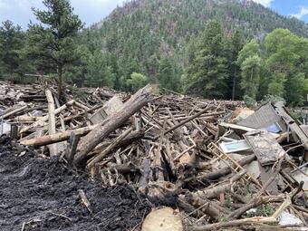 A pile of trees and mud near a destroyed house