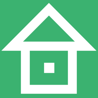 White outline of a cabin on top of a green background.