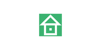 White outline of a cabin on top of a green background.
