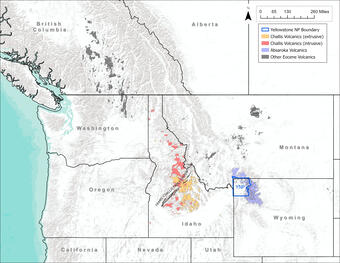 Map of Pacific Northwest US and Canada showing distribution of Eocene volcanic rocks with colors noting Challis volcanics