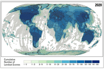 Graphic showing the cumulative number of scenes per path/row in the Landsat archive