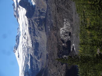 A stream flows from a rock covered glacier