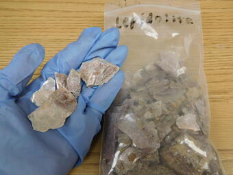 Hand holding lipedolite sample