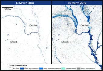 Animation showing Omaha, Nebraska area, using Landsat Level-3 Dynamic Surface Water Extent product
