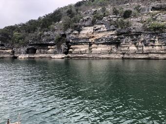 Edwards aquifer limestone exposed above a lake