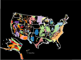 Map of the US with Alaska and Puerto Rico with many colorful splotches across it. 