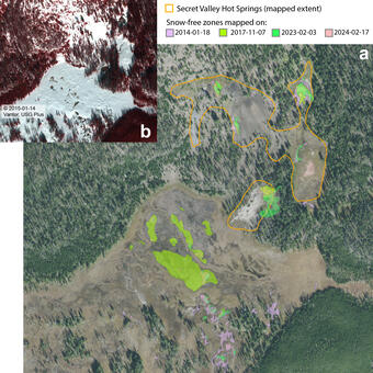 area of bare ground among tree-covered region; thermal areas outside known hot ground indicated by wintertime satellite image