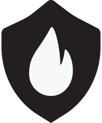 Dark gray shield with flame icon.