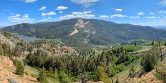 Mountainside with a tree-covered landslide scar in the background, a treed slope in the foreground, and partly cloudy skies