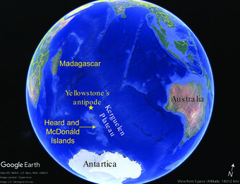 Map of the globe centered on the southern Indian Ocean between Antarctica, Australia, and Africa