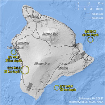 Color map showing earthquake locations around island