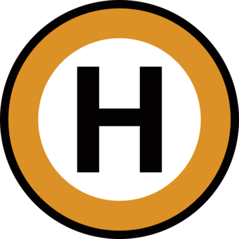 A capital letter "H" on a white background inside of an orange circle with a black outline.