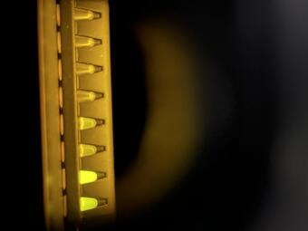 Vials with various volumes of liquid in them glow yellow