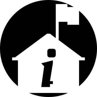 TNMCorps structure symbol for visitor center; white building with the lowercase letter i on a round black background