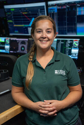 Katlin Adamczyk in Mission Control Room of Okeanos Explorer
