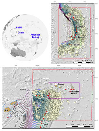 A location map and inset maps of the National Seismic Hazard Model areas of interest for the Pacific Territories.