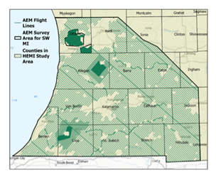 A map of southwestern Michigan. It's dark green and light green showing county lines and flight paths for the aerial survey