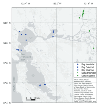 Map showing locations of cores coded by tidal regime and colored by region within the San Francisco Estuary