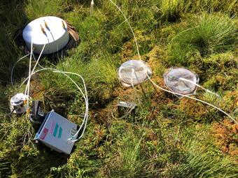 Scientific sampling equipment laying in grassy field.