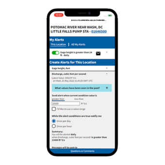 Smart phone showing the WaterAlert user interface.