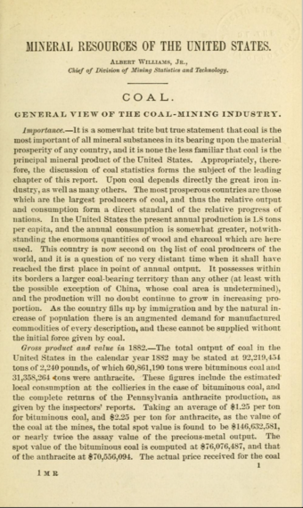 Scan of an old-looking report titled "Mineral Resources of the United States: COAL" with text below. 