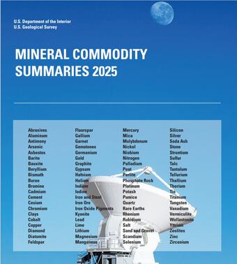 Image of the Mineral Commodity Summaries 2025 report.  Blue background with a moon in the upper right hand corner and a satellite pointing towards the sky, overlaid with text from the title page of the full report.