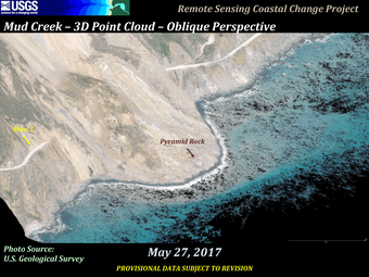 A series of images showing a steep cliff along the coast from two different dates and the change between them.