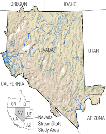 Map showing the Nevada StreamStats study area covering most of Nevada and extending into Arizona, California, Oregon and Utah