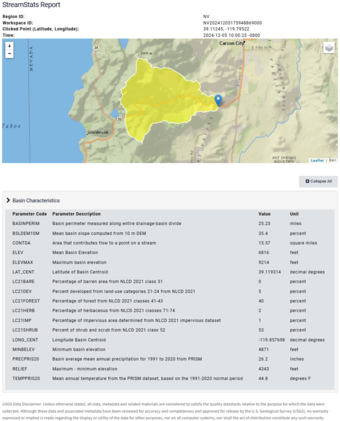 Screenshot of StreamStats report showing the extent of the delineated basin.