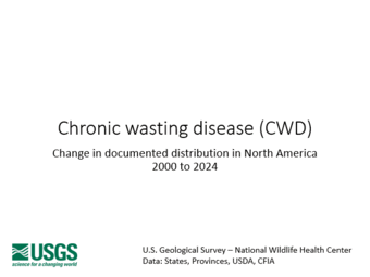 GIF with maps showing chronic wasting disease distribution in North America prior to 2000 and yearly from 2004-2024.