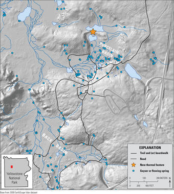 map with shaded relief in grayscale, and water (ponds, streams, and springs) in blue