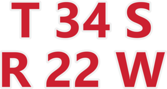 Red text in uppercase displaying township and range values and a cardinal direction. 