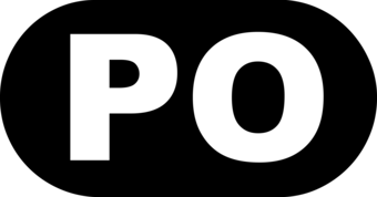 White letters "PO" inside of a dark gray oval.