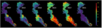 Collection of six bay maps show colorful algae blooms developing expanding then returned to pre-bloom levels.  