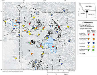 Map of Yellowstone with colored triangles and boxes showing locations, types, and operators for seismic stations