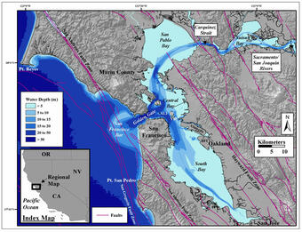 Map of a bay showing where faults run and how deep the water is.