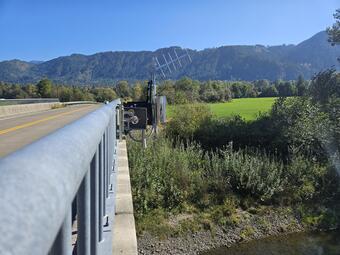 Radar equipment mounted to the side of a road bridge