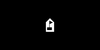 Black marker on top of a building-shaped polygon. Symbol displayed on a black background to see the entirety of the symbol. 