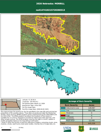 A mosaic raster of the 2026 Morrill fire in Nebraska.